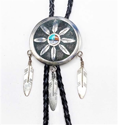 Hopi Frank Lahaleon Overlay Sunface Feather Bolo Tie