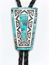 EARLY VERNON HASKIE TURQUOISE INLAID BOLO TIE/TIPS