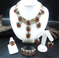 BEAUTIFUL NAVAJO CORAL & SILVER LEAF SET