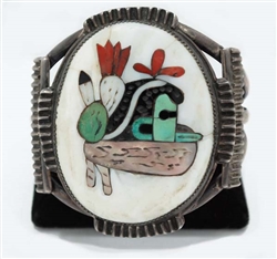 Large Vintage Zuni Inlaid Long Hair Kachina Bracelet