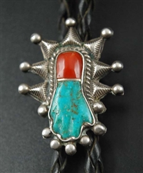 SPECIAL CARVED HAND TURQUOISE AND CORAL BOLO TIE