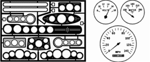 Street Rod Gauge Panels: modern style faces, black letters on clear background