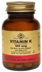 Solgar Vitamin K 100 mcg Tablets - 100 or 250 Tabs