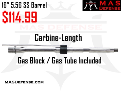 16" 5.56 / .223 1x7 M4 CONTOUR 416R STAINLESS STEEL BARREL W/ GAS BLOCK AND GAS TUBE