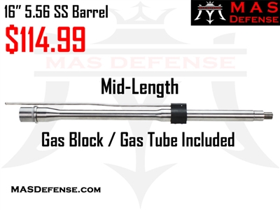 16" 5.56 / .223 1x7 GOVT 416R STAINLESS STEEL BARREL - MID LENGTH - GAS W/ GAS BLOCK AND GAS TUBE