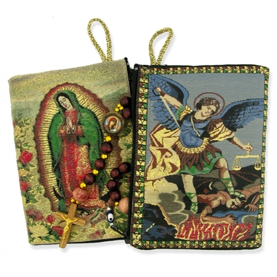 Lady Guadalupe St Michael Two Sided Rosary Pouch 5 3/8"x4"