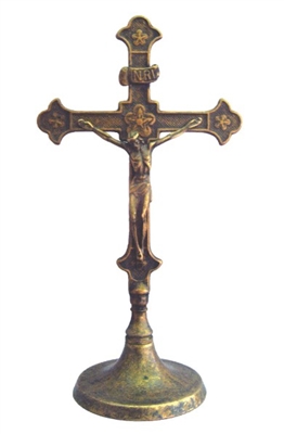 Crucifix in Antique Brass, standing with round base 11.5"