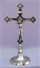 Crucifix, antique SILVER PLATED brass, standing, round base, 11"