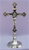 Crucifix, antique SILVER PLATED brass, standing, round base, 11"