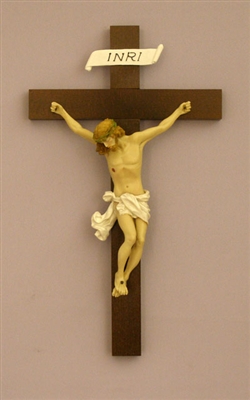14" Crucifix, Hand Painted Alabaster on Wood Cross
