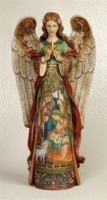 15.75" ANGEL HOLDING STAR WITH HOLY FAMILY IN SKIRT FIGURE