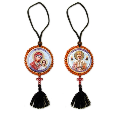 Reversable Icon of of Christ & Virgin Mary on Rope w/Cross For Car