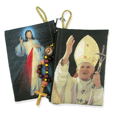 Blessed Pope John Paul II & Divine Mercy Two Sided Rosary Pouch