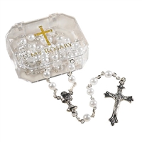White First Communion Rosary in Plastic Case