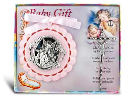 Guardian Angel Crib Medal w/3" Silver Plated Crucifix - Pink