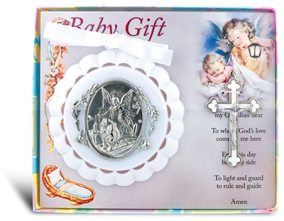 Guardian Angel Crib Medal w/3" Silver Plated Crucifix - White