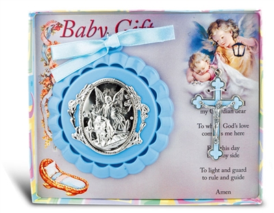 Guadian Angel Crib Medal w/3" Silver Plated Crucifix - Blue