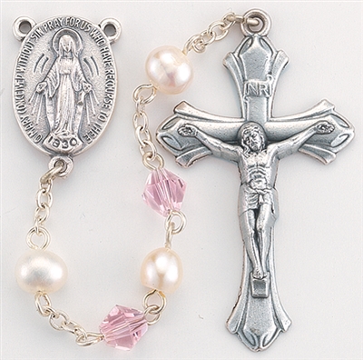 Genuine Fresh Water Pearl Rosary w/Pink Crystal Beads- 6mm