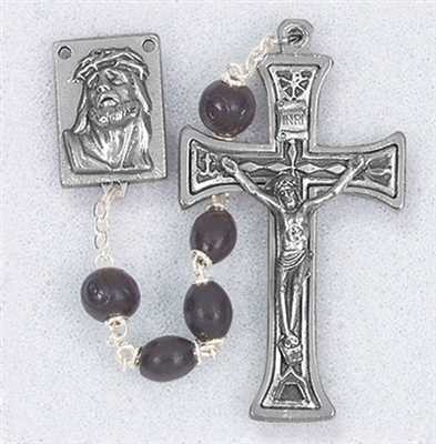Oval Wood Black Bead Rosary w/Carved Pater Beads