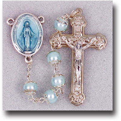 Double Capped Pearl Beads Light Blue Colored Rosary