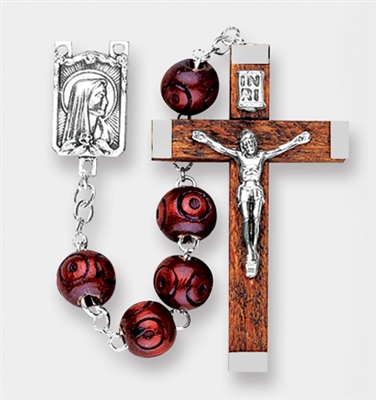 Round Carved Maroon Wood Bead Rosary- 7mm with BOX