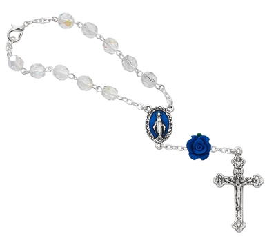 Crystal Auto Rosary w/Blue Rose