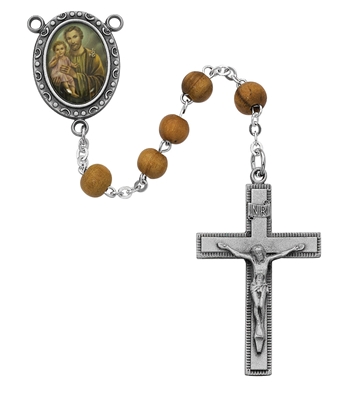 Olive Wood St. Joseph Rosary, Pewter Crucifix and Center