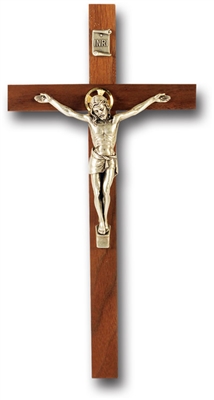9" Walnut Cross Antique Silver Plated Corpus Crucifix