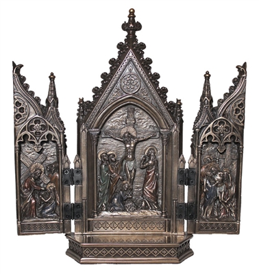 Calvary triptych, lightly hand-painted cold-cast bronze 4 X 8"
