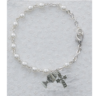 3mm 6.5 in. Pearl Bracelet w/SS Celtic Cross & Chalice