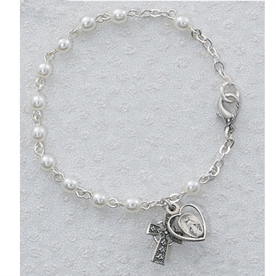 3mm 6.5 in. Pearl Bracelet w/SS Celtic Cross & Mirac. Medal