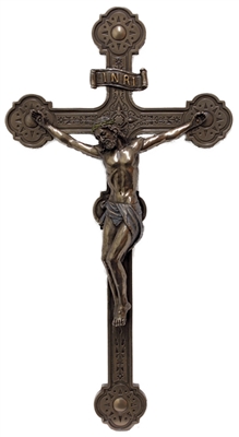 Ornate Crucifix, lightly hand painted in cold-cast bronze, 14"