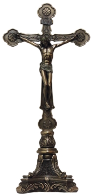 13" Ornate Crucifix, Standing, in lightly hand-painted cold-cast bronze