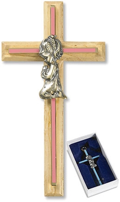 8" Oak/Brass Pink Baby Girl Cross