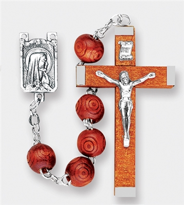 Round Carved Brown Wood Bead Rosary
