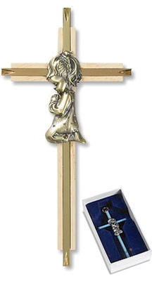 7" Oak/Brass Baby Girl Cross