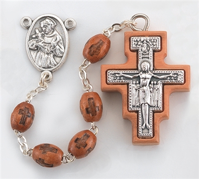 San Damiano Brown Cross Stamped Wood Bead Franciscan Rosary