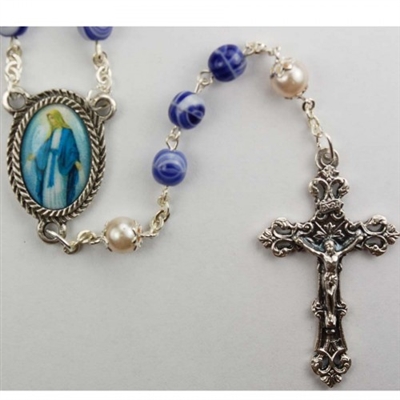 6MM BLUE/PEARL ROSARY