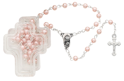 PINK PEARL ROSARY IN CROSS BOX