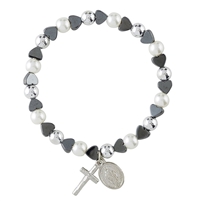 Hematite Heart with Pearl Miraculous Stretch Bracelet