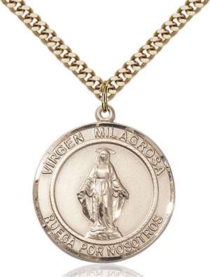 Virgen Milagrosa Medal<br/>7078 Spanish, Round, Gold Filled