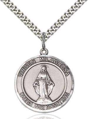 Virgen Milagrosa Medal<br/>7078 Spanish, Round, Sterling Silver