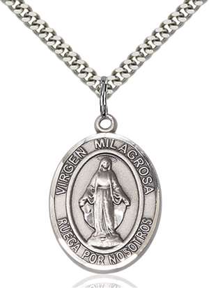 Virgen Milagrosa Medal<br/>7078 Spanish, Oval, Sterling Silver