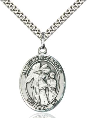 Guardian Angel w/Children Medal<br/>7439 Oval, Sterling Silver