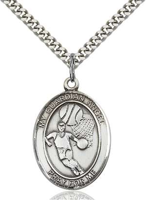 Guardian Angel/Basketball Medal<br/>7702 Oval, Sterling Silver