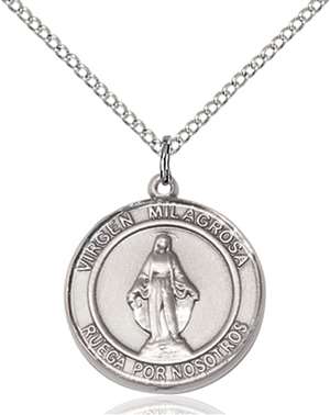 Virgen Milagrosa Medal<br/>8078 Spanish, Round, Sterling Silver