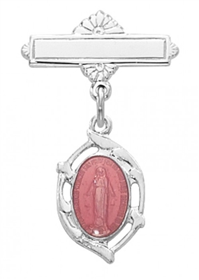 Sterling Silver Pink Miraculous Medal Rhodium Finish Baby Pin