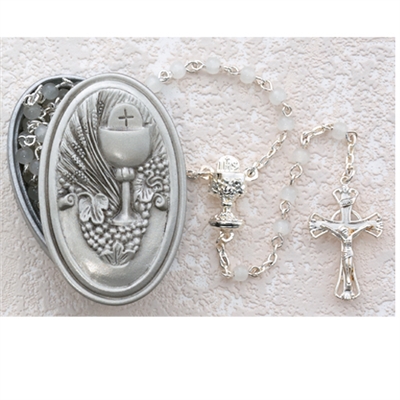 5MM WHITE ROSARY WITH COMMUNION BOX