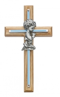 7" OAK CROSS BLUE PEWTER PRAYING BOY