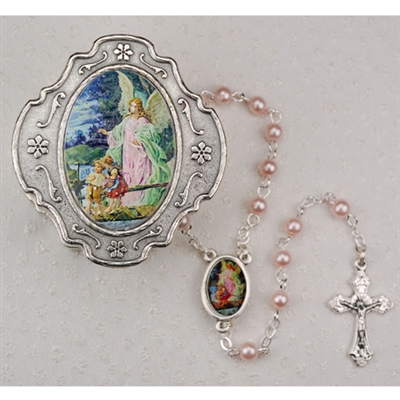 GUARDIAN ANGEL PINK ROSARY W/BOX
